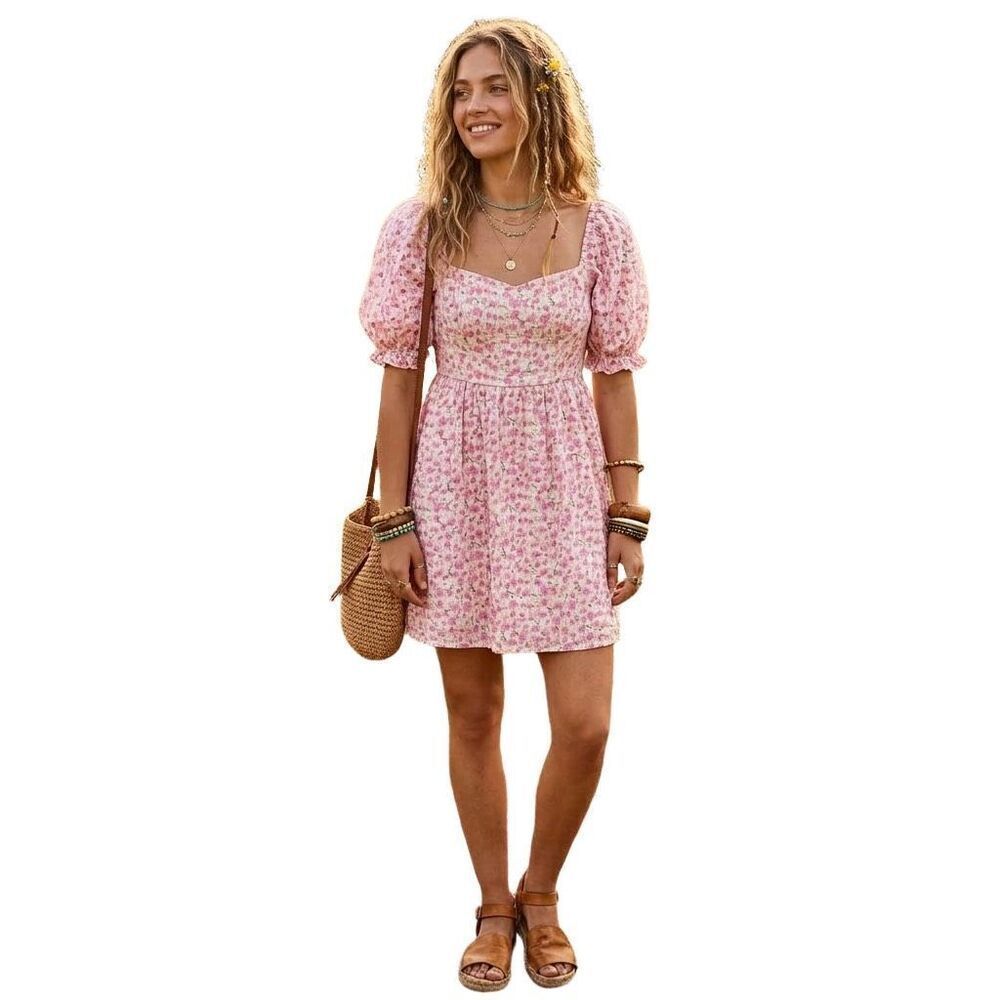 Lush size M puff sleeve floral mini dress smocked  back